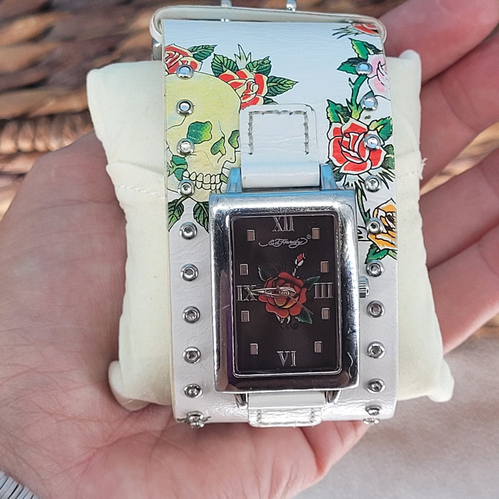 Ed Hardy Cuff Watch Womens OS Tattoo Art Studded Leather Streetwear goth